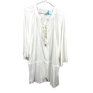 $239 Melissa Odabash Women's Ivory Lace Up Gold Rings Swim Cover-Up Dress NWOT